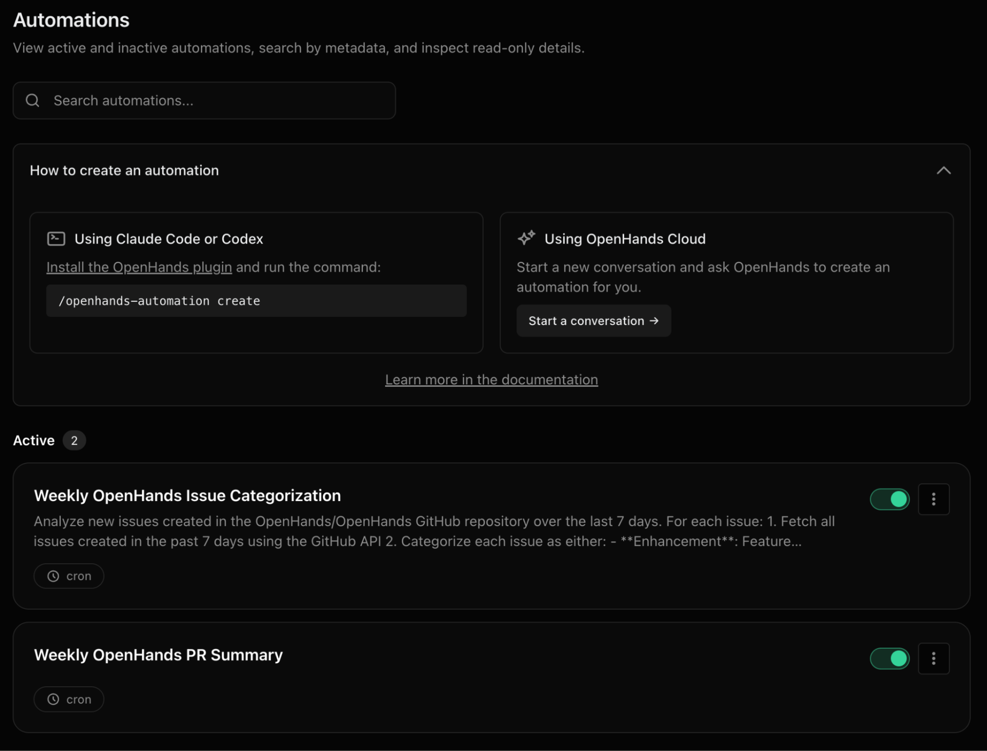 OpenHands Automations dashboard showing scheduled automations for issue categorization and PR summary